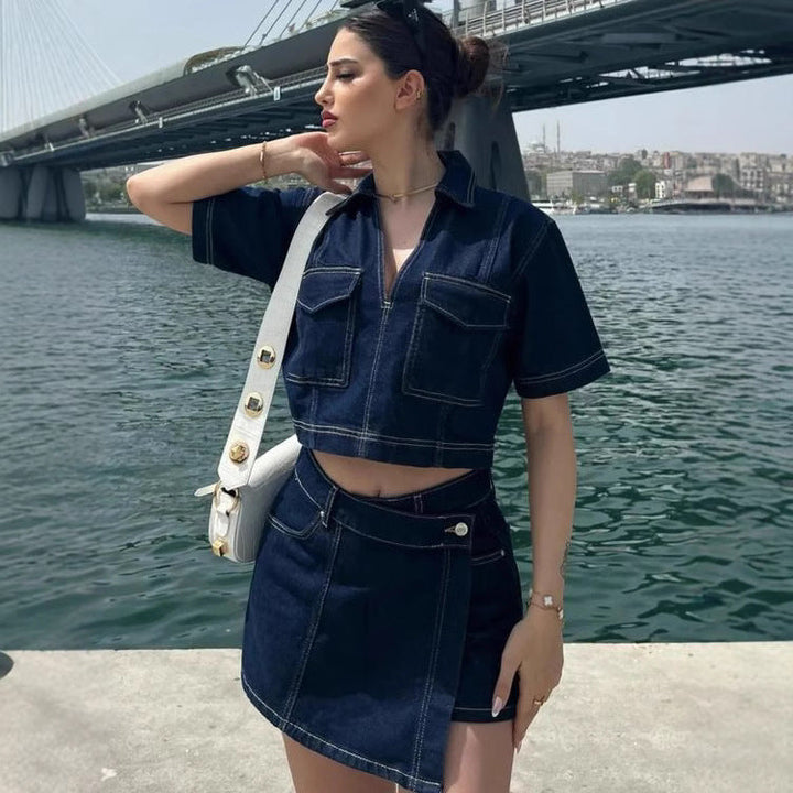 Giulia jeans set voor dames met V-hals & rok | Vrouwelijke denim look 2025