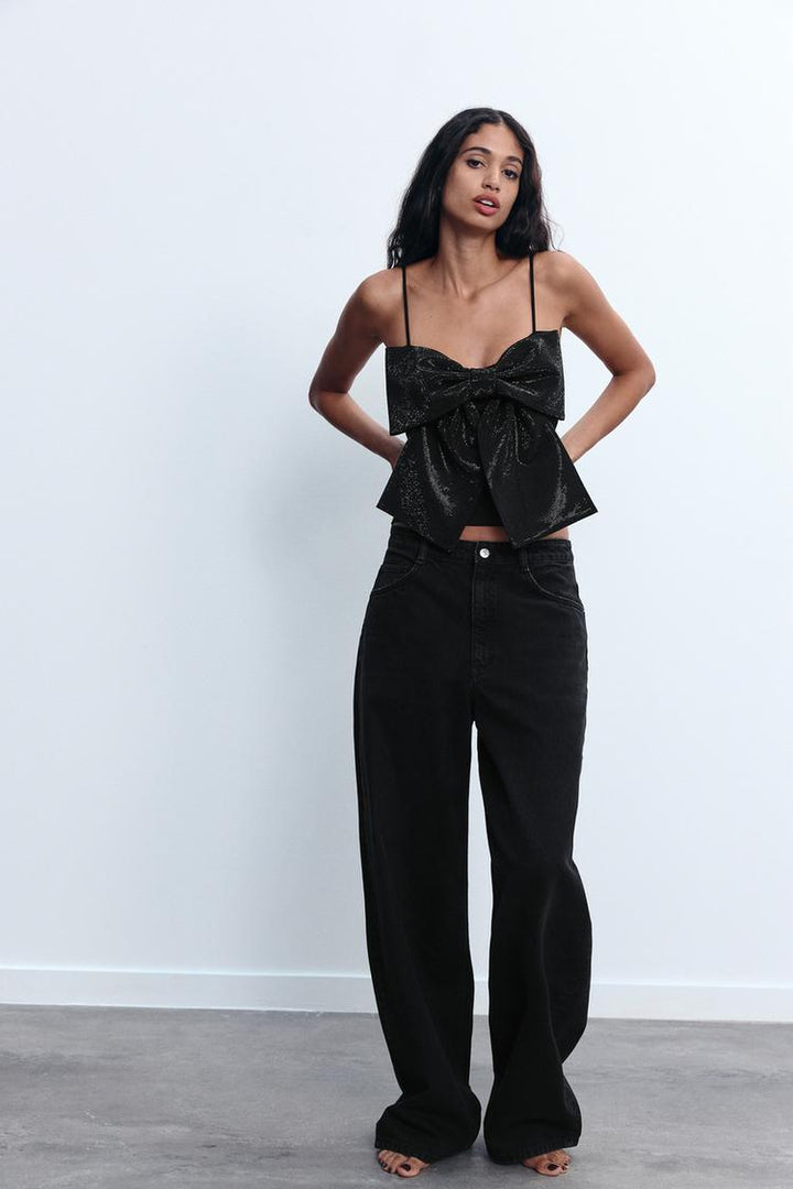 Loulou dames glitter top met strik | Zwarte pailletten top voor feesten & speciale gelegenheden