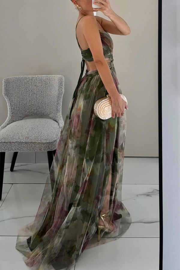 Celeste maxi jurk voor dames Luchtige chiffon jurk met bloemenprint & verstelbare bandjes
