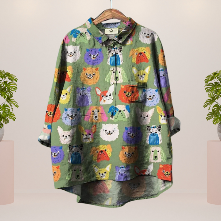 Milo damesshirt met kleurrijke hondenillustratie | Luchtig, comfortabel & ideaal voor hondenliefhebbers