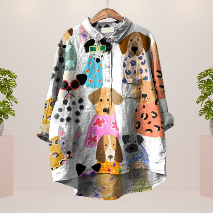 Milo damesshirt met kleurrijke hondenillustratie | Luchtig, comfortabel & ideaal voor hondenliefhebbers