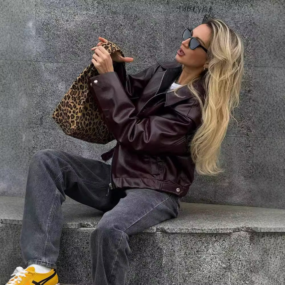 Chic Women's Zipper Lapel Leather Jacket