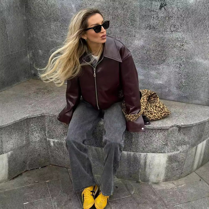 Chic Women's Zipper Lapel Leather Jacket