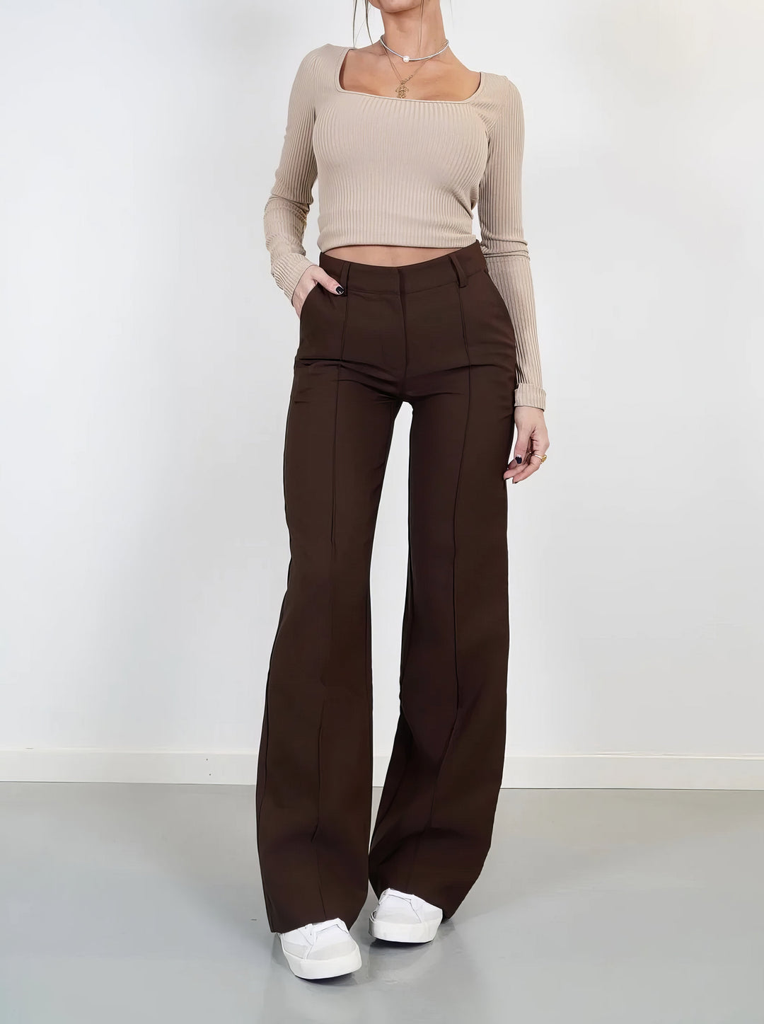 Lena Casual Wide Leg Trousers – Hoog-Taille Broek met Wijde Pijpen voor Veelzijdige Stijl