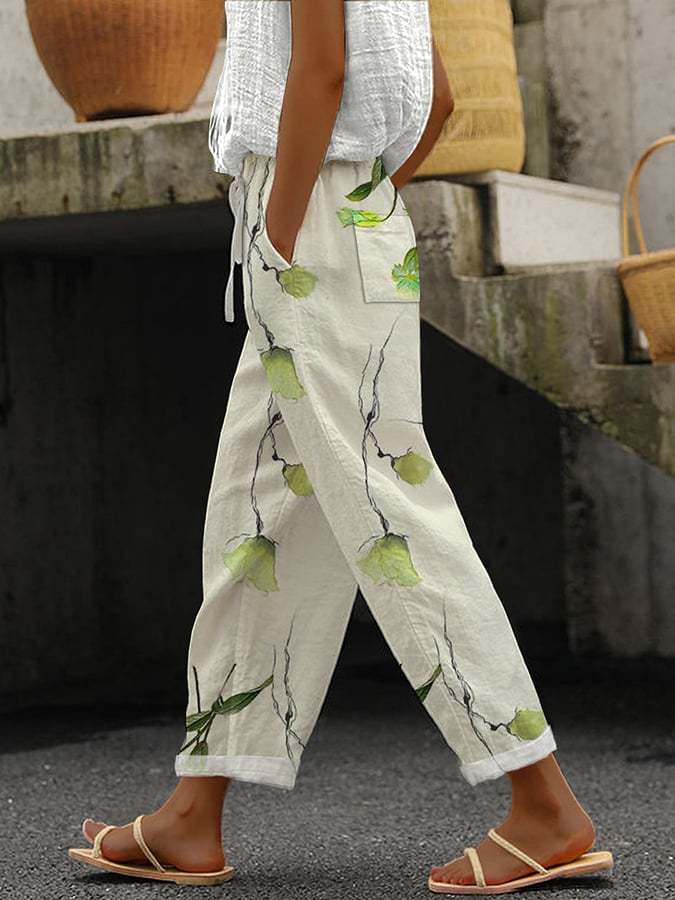 Linnen Broek met Bloemmotief in Comfortabel Model voor een Casual en Zomerse Look