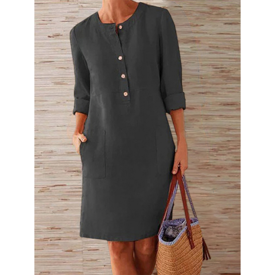Knielange Linnen Jurk met Eenvoudige en Elegante Look in Comfortabele Stijl