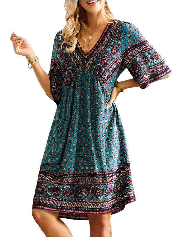 Nancie - Boho slim jurk met V-hals en print