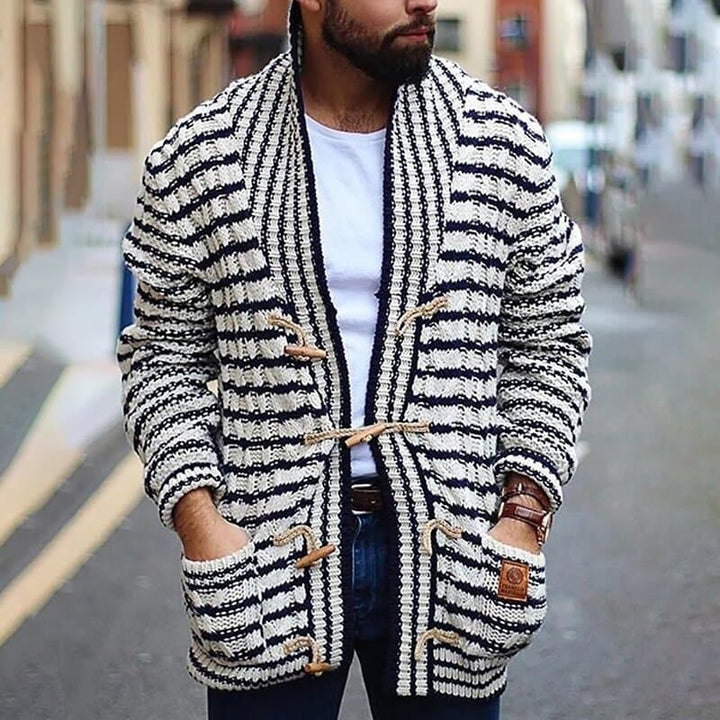Aurelien Urban Chic Knitted Duffle Coat | Gestreepte Elegantie en Vintage Comfort