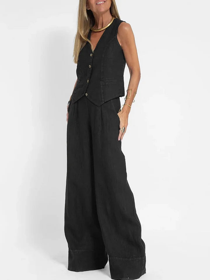 Aiden Elegante tweedelige linnen outfit | Getailleerd vest & wijde broek