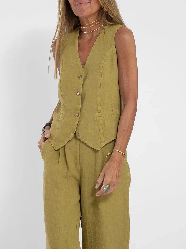 Aiden Elegante tweedelige linnen outfit | Getailleerd vest & wijde broek