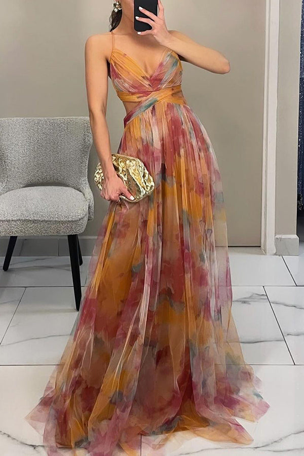 Celeste maxi jurk voor dames Luchtige chiffon jurk met bloemenprint & verstelbare bandjes