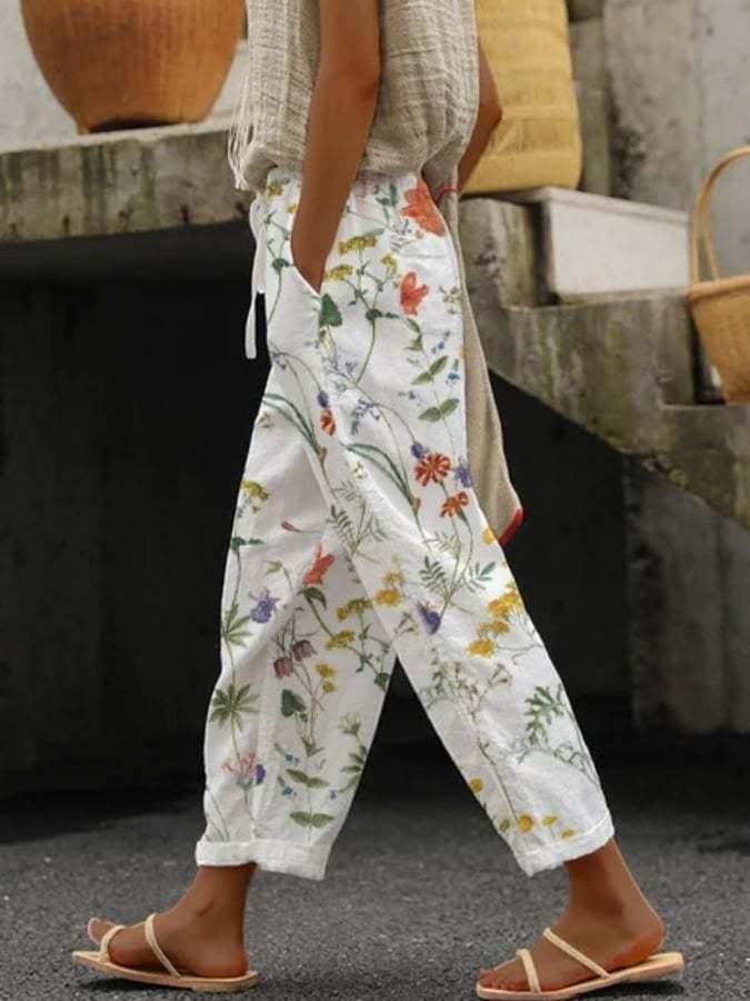 Linnen Broek met Bloemmotief in Comfortabel Model voor een Casual en Zomerse Look