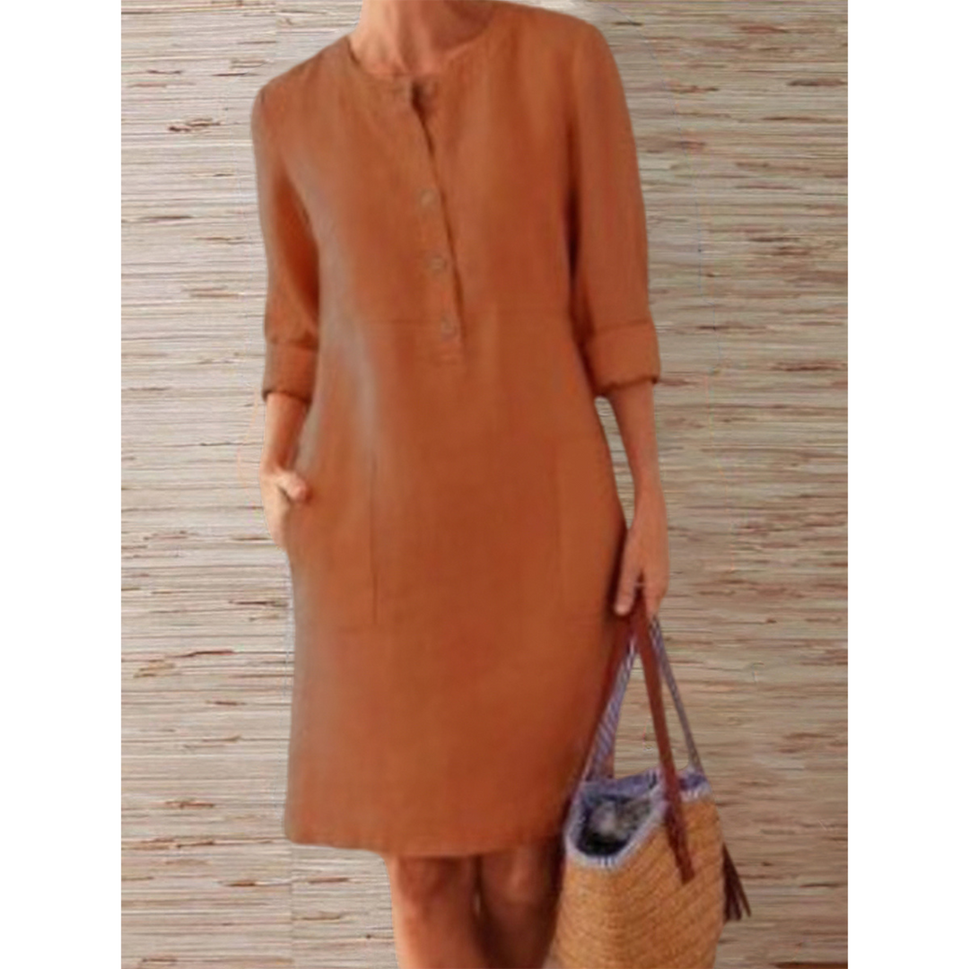 Knielange Linnen Jurk met Eenvoudige en Elegante Look in Comfortabele Stijl