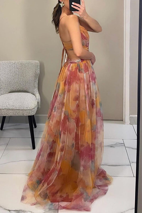 Celeste maxi jurk voor dames Luchtige chiffon jurk met bloemenprint & verstelbare bandjes