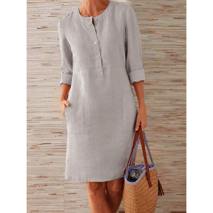 Knielange Linnen Jurk met Eenvoudige en Elegante Look in Comfortabele Stijl