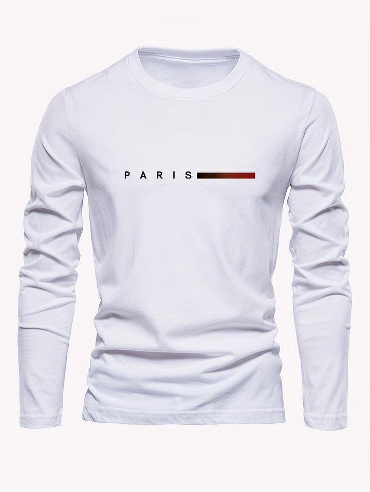 Heren-T-shirt met lange mouwen, 100% katoen, ademend, casual, ronde hals en Parijs-print, perfect voor het voor- en najaar.