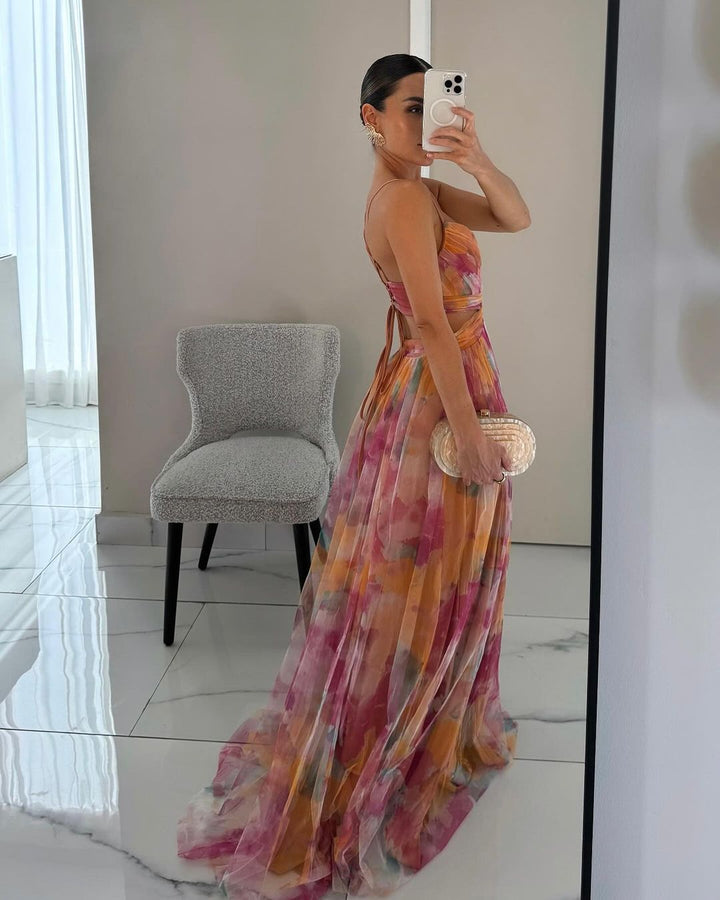Celeste maxi jurk voor dames Luchtige chiffon jurk met bloemenprint & verstelbare bandjes