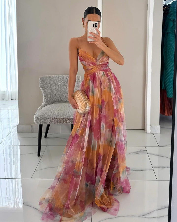 Celeste maxi jurk voor dames Luchtige chiffon jurk met bloemenprint & verstelbare bandjes