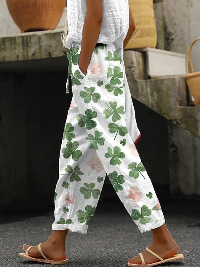 Linnen Broek met Bloemmotief in Comfortabel Model voor een Casual en Zomerse Look