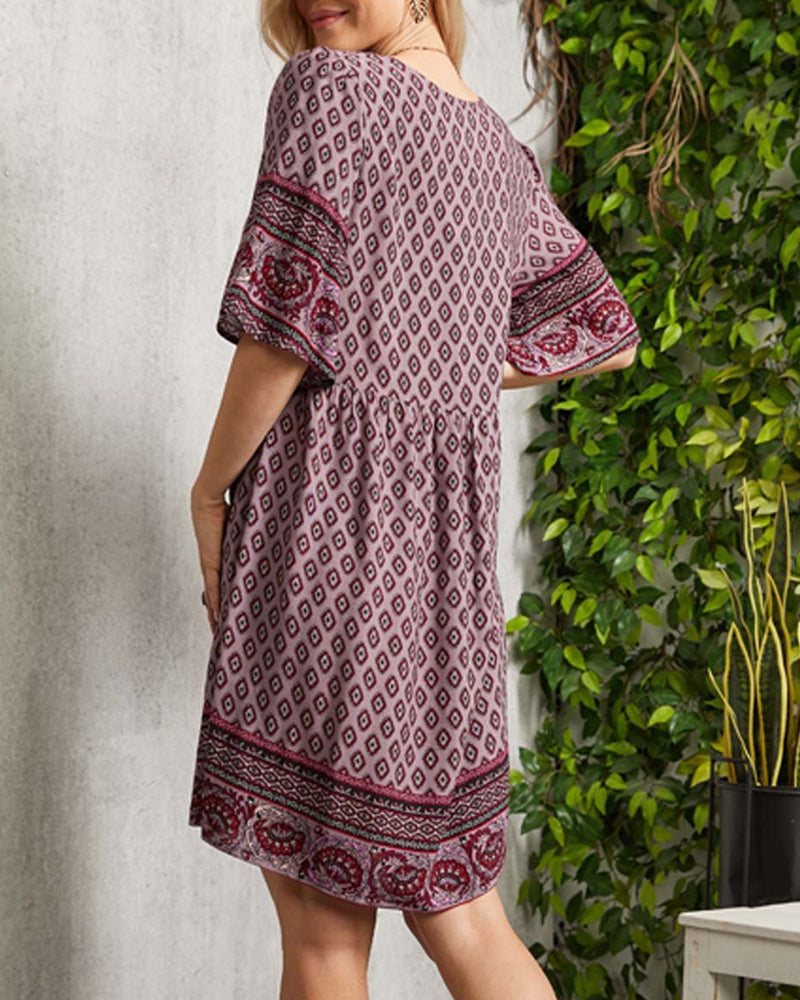 Nancie - Boho slim jurk met V-hals en print