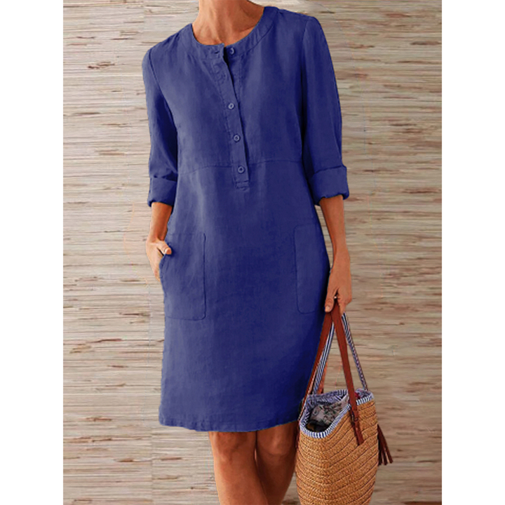 Knielange Linnen Jurk met Eenvoudige en Elegante Look in Comfortabele Stijl