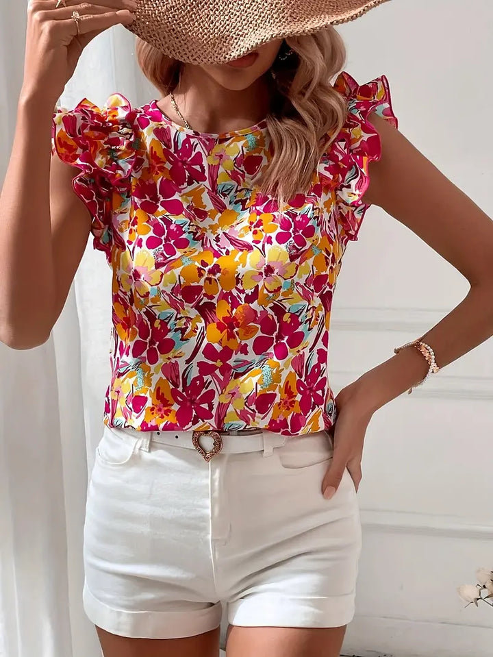 Boetiek Elegante Ronde Hals Blouse | Bloemenprint en VrouwenRuffels