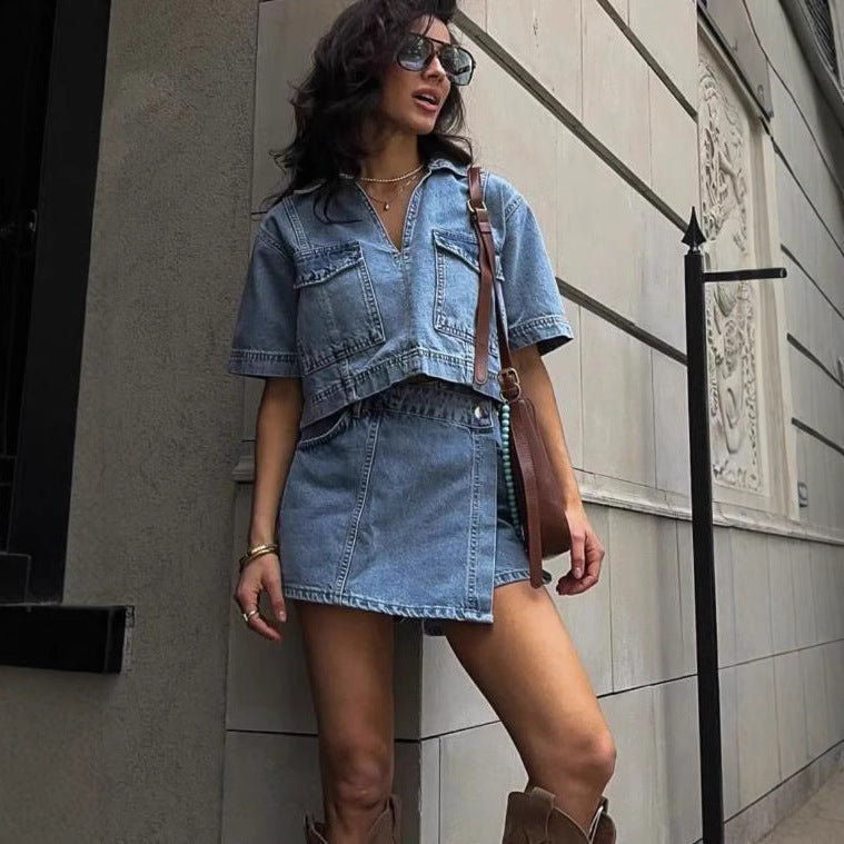 Giulia jeans set voor dames met V-hals & rok | Vrouwelijke denim look 2025