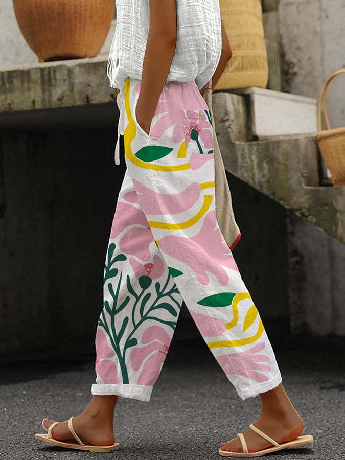 Linnen Broek met Bloemmotief in Comfortabel Model voor een Casual en Zomerse Look