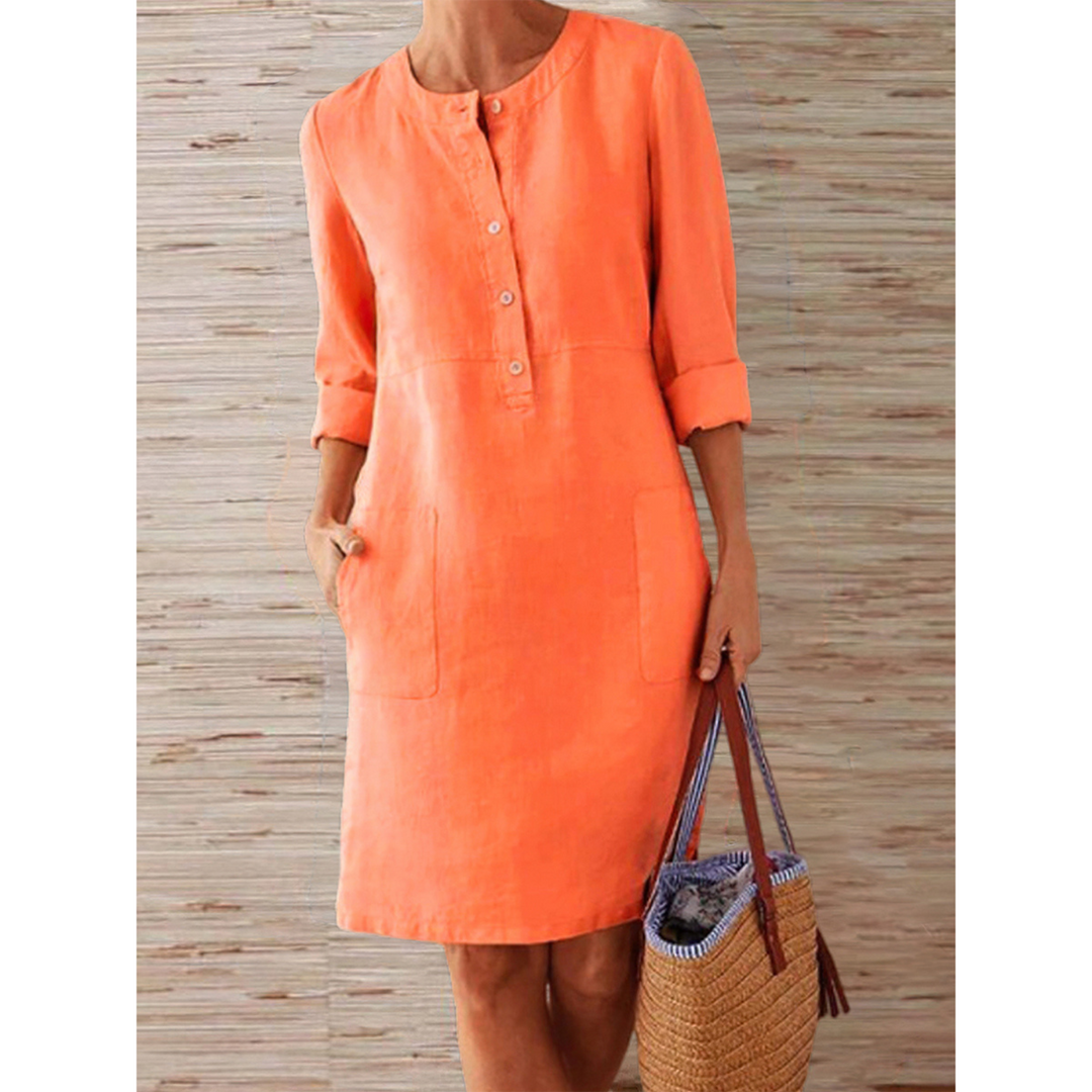 Knielange Linnen Jurk met Eenvoudige en Elegante Look in Comfortabele Stijl