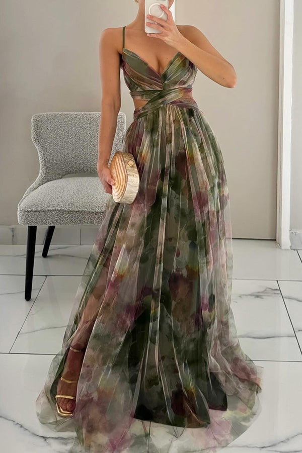 Celeste maxi jurk voor dames Luchtige chiffon jurk met bloemenprint & verstelbare bandjes