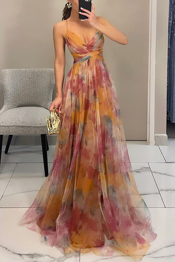 Celeste maxi jurk voor dames Luchtige chiffon jurk met bloemenprint & verstelbare bandjes