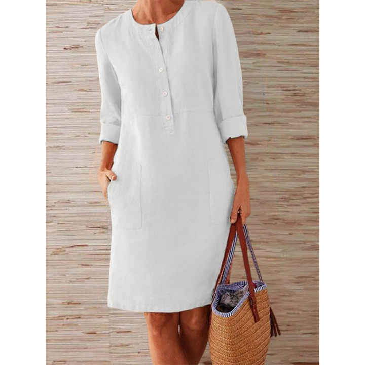 Knielange Linnen Jurk met Eenvoudige en Elegante Look in Comfortabele Stijl