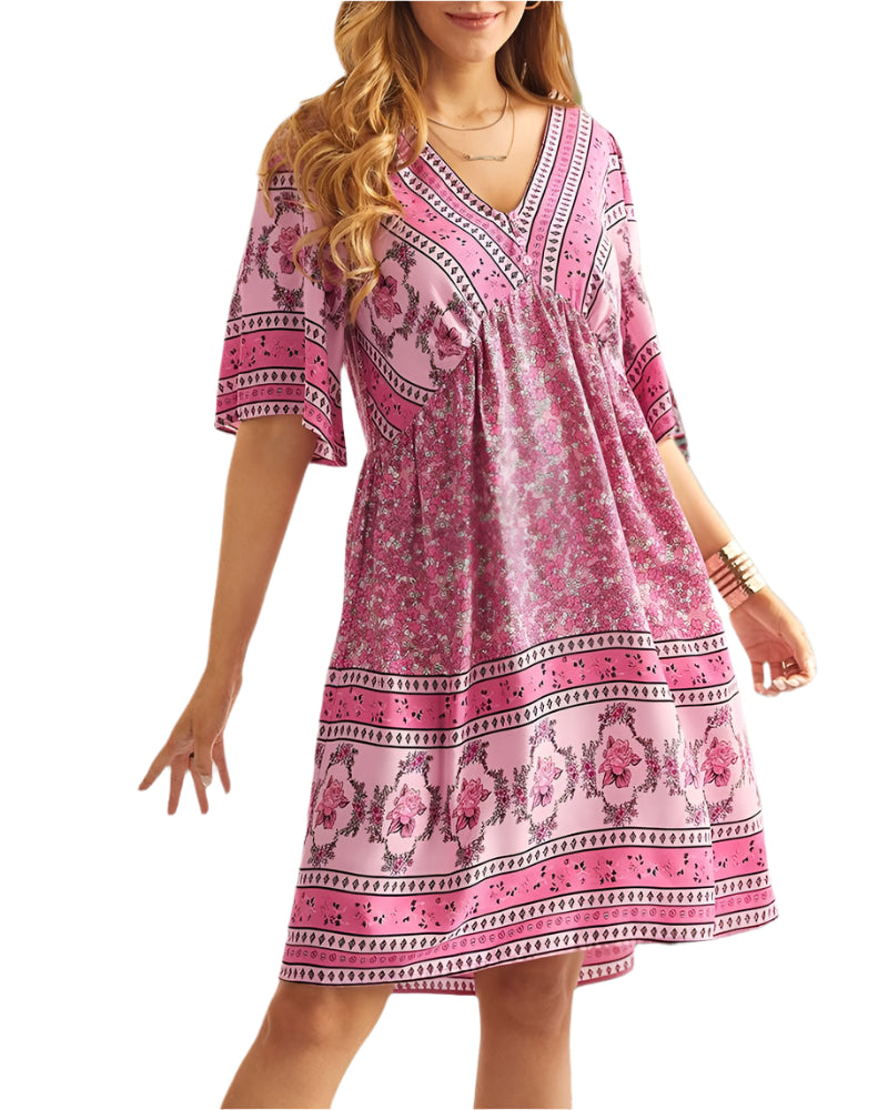 Nancie - Boho slim jurk met V-hals en print
