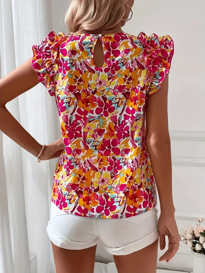 Boetiek Elegante Ronde Hals Blouse | Bloemenprint en VrouwenRuffels