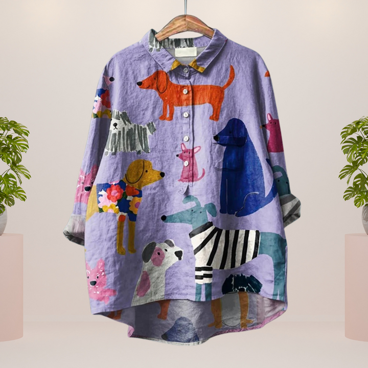 Milo damesshirt met kleurrijke hondenillustratie | Luchtig, comfortabel & ideaal voor hondenliefhebbers