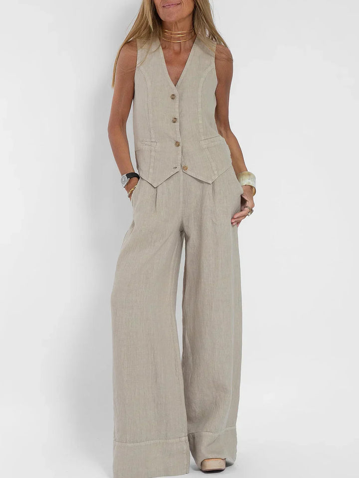 Aiden Elegante tweedelige linnen outfit | Getailleerd vest & wijde broek