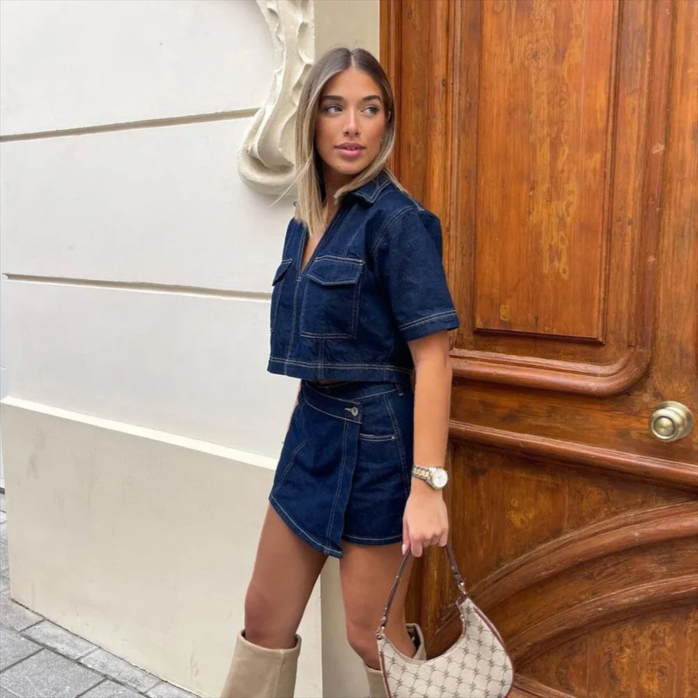 Giulia jeans set voor dames met V-hals & rok | Vrouwelijke denim look 2025