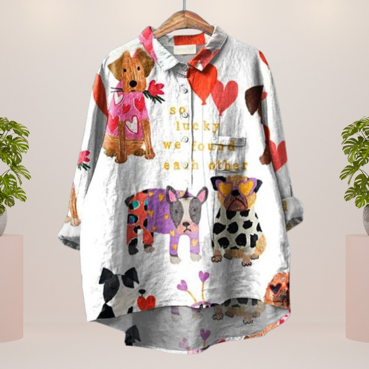 Milo damesshirt met kleurrijke hondenillustratie | Luchtig, comfortabel & ideaal voor hondenliefhebbers