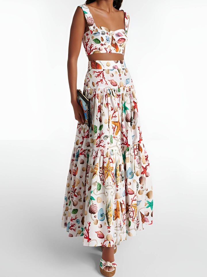 Tweedelige Set met Oceaanprint | Bustier en Maxirok voor een Zomers-Chique Look
