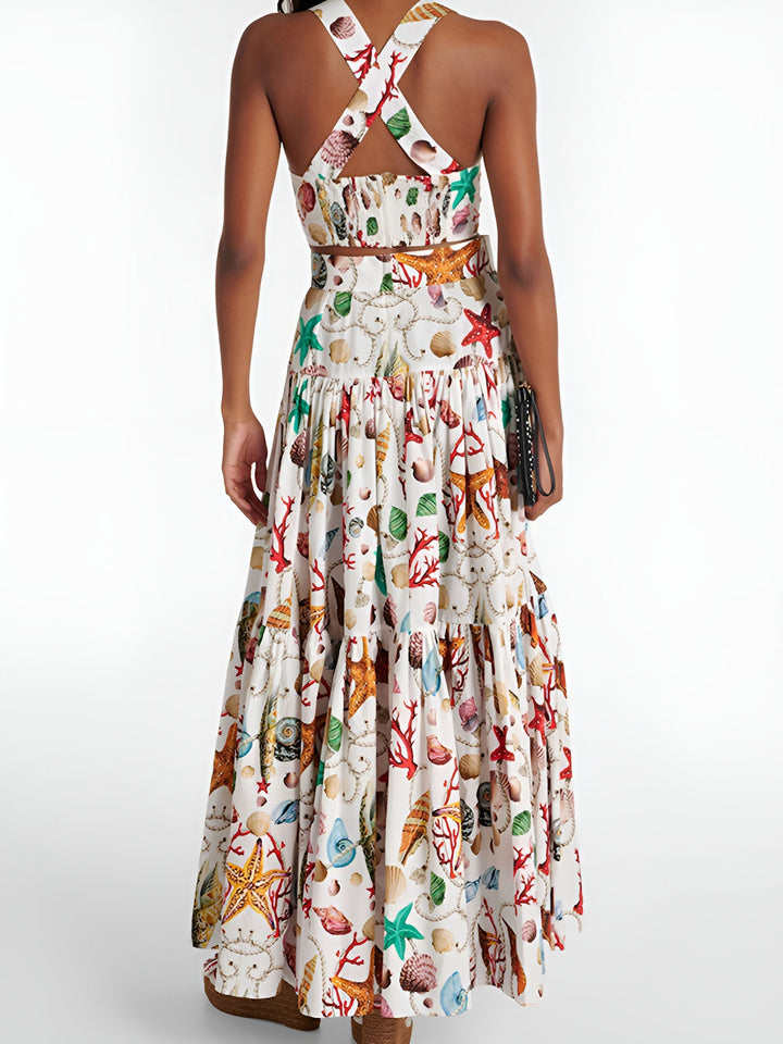 Tweedelige Set met Oceaanprint | Bustier en Maxirok voor een Zomers-Chique Look