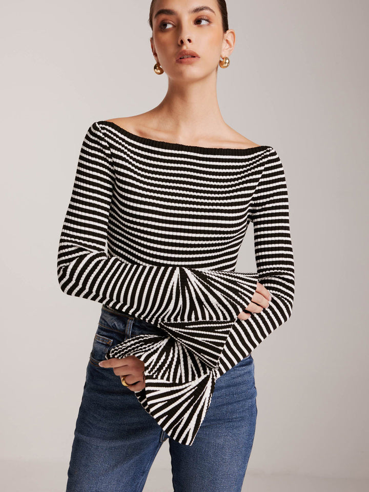 Isalie | Elegante geribde top met open schouders & uitlopende mouwen | Chic & modern