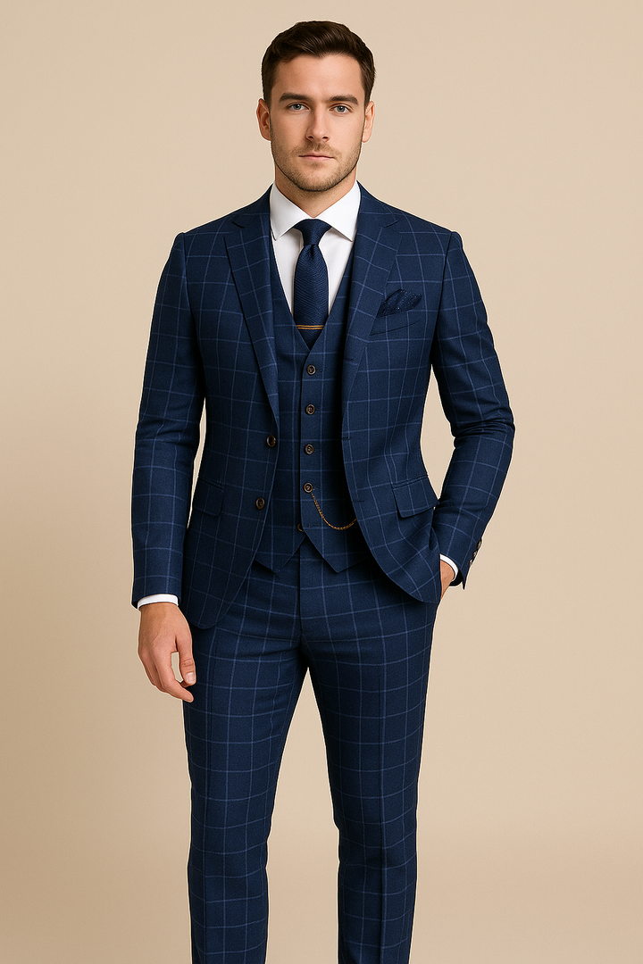 Marineblauw geruit luxe pak slim fit met inkeping