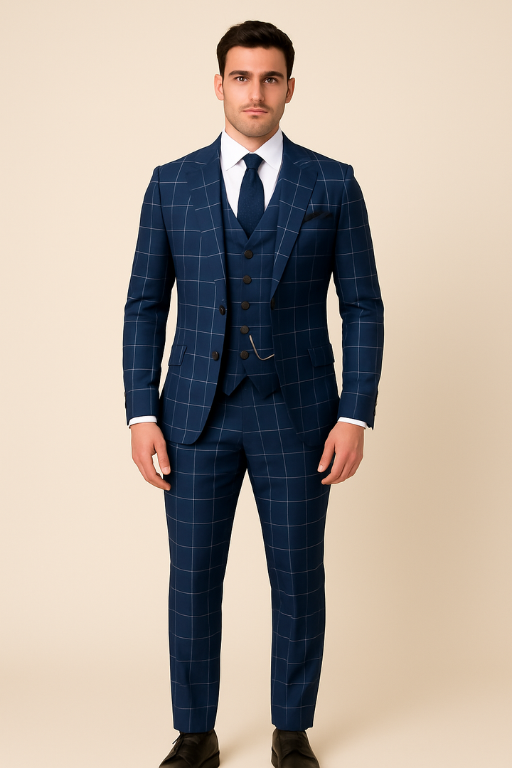 Marineblauw geruit luxe pak slim fit met inkeping
