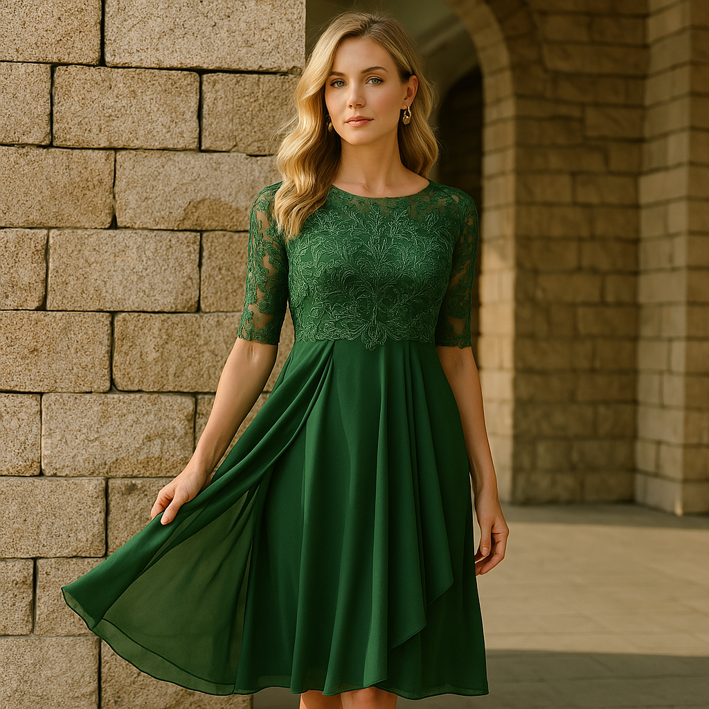 Luna Jurk met Kant en Chiffon | Stijlvolle Comfortabele Jurk met Halflange Mouwen voor Speciale Gelegenheden