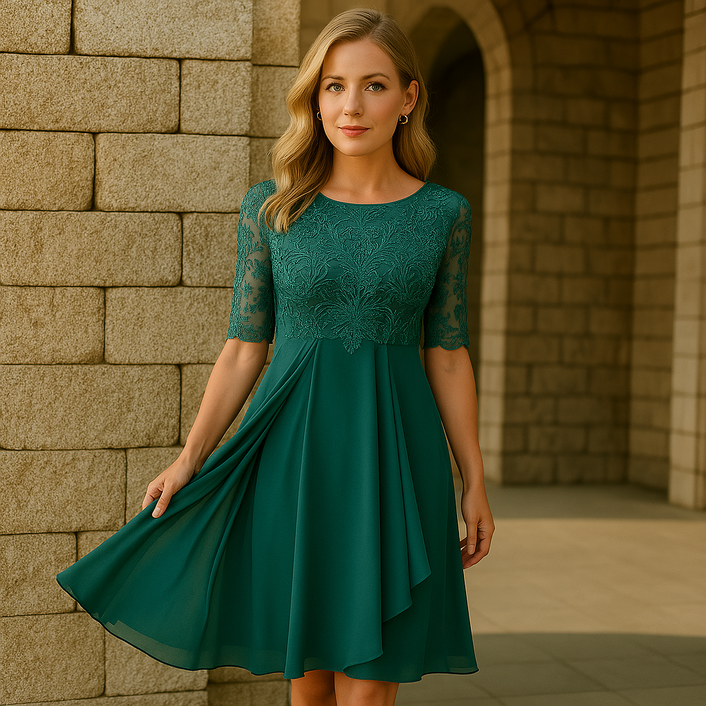 Luna Jurk met Kant en Chiffon | Stijlvolle Comfortabele Jurk met Halflange Mouwen voor Speciale Gelegenheden