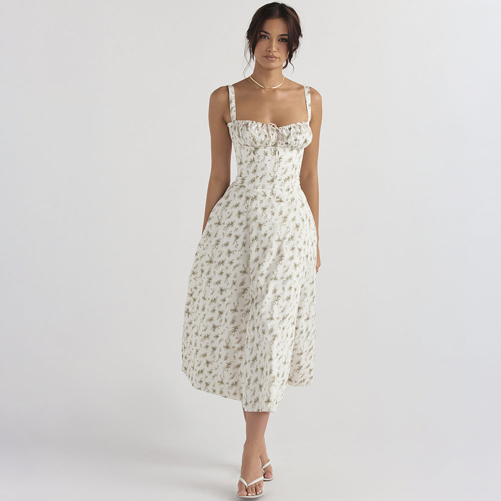 Elegante Midi-Jurk met Korset en Hoge Split voor Vrouwelijk Raffinement
