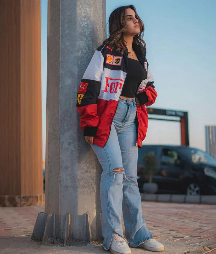 Ailyn dames oversized racejack | motorsport look met kleurblokken & patches