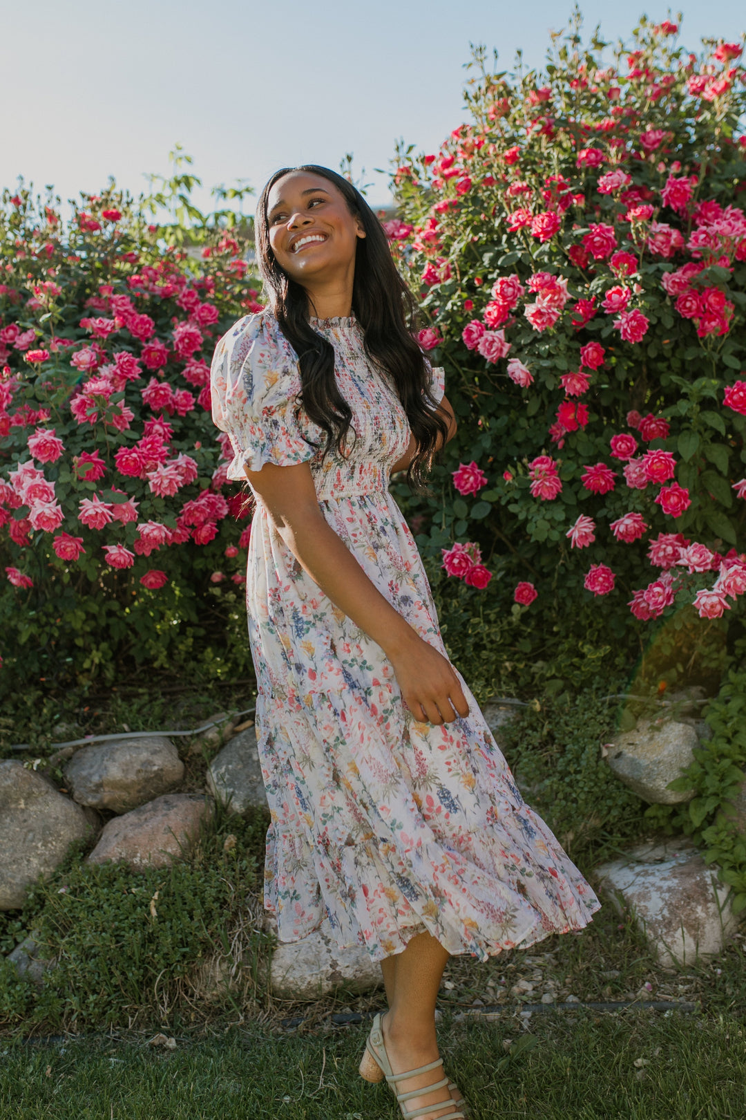 Cordelia dames midi-jurk met bloemenprint & smock bustier | Luchtig, vrouwelijk & geschikt voor zwangerschap