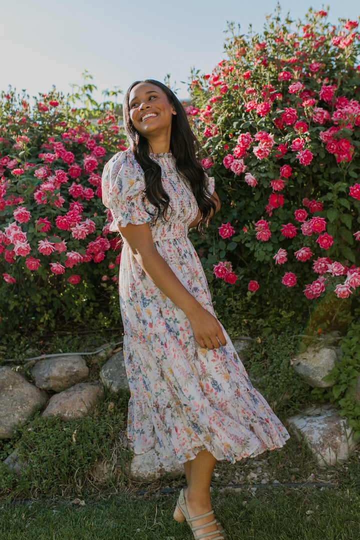 Cordelia dames midi-jurk met bloemenprint & smock bustier | Luchtig, vrouwelijk & geschikt voor zwangerschap