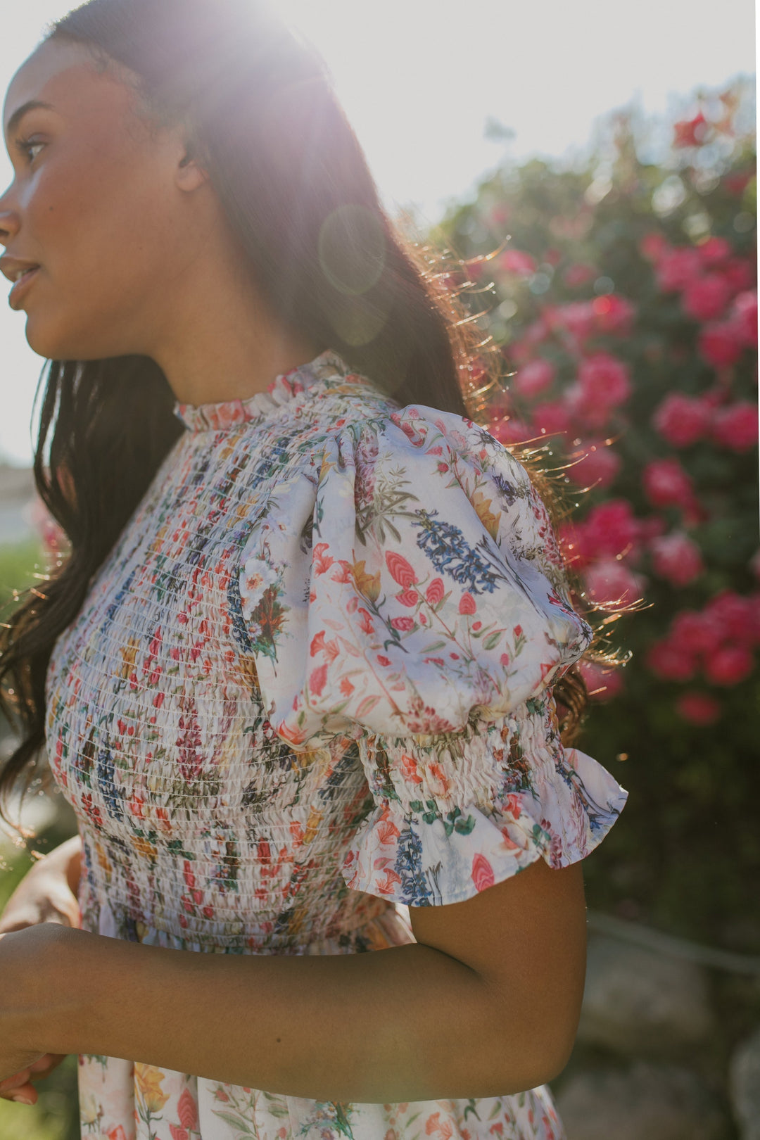 Cordelia dames midi-jurk met bloemenprint & smock bustier | Luchtig, vrouwelijk & geschikt voor zwangerschap